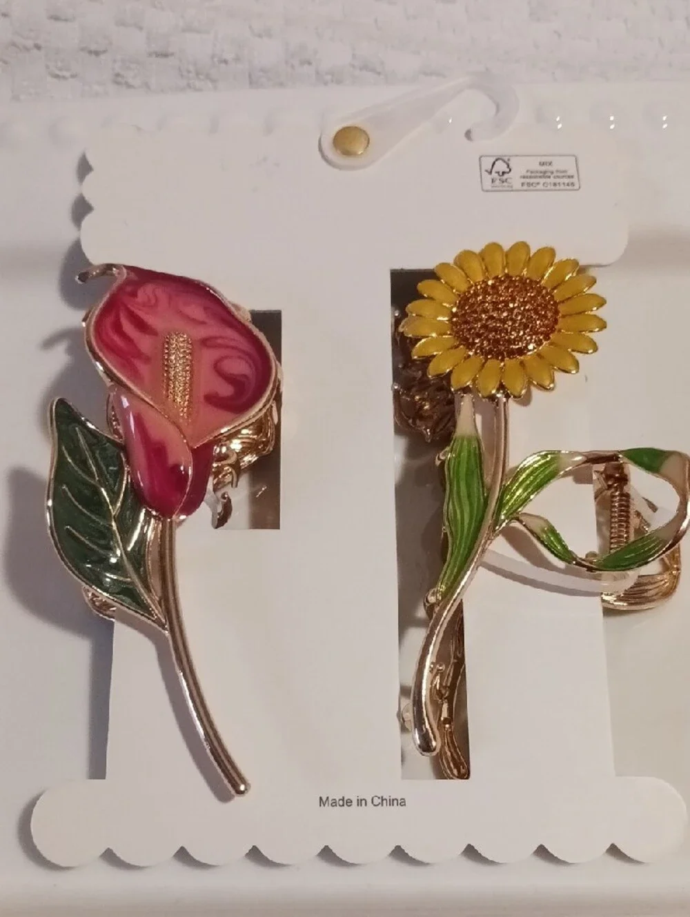 Gorgeous! Gold-Tone Floral Hairclips Yellow Sunflower & Pink Calla 🌻🌷🌺🌻